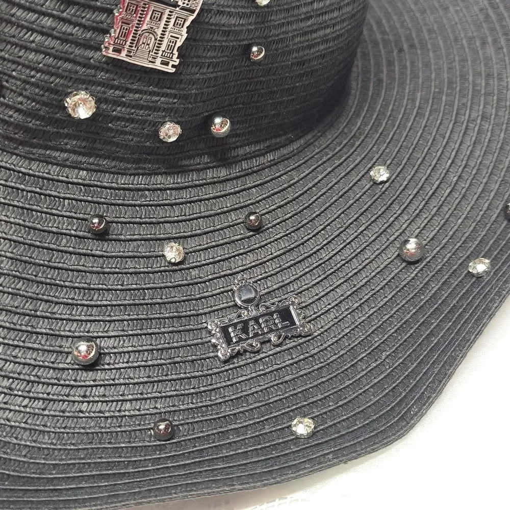 Karl Lagerfeld Black Straw Signature Pin Studs Paris Charm Embellished Sun Hat